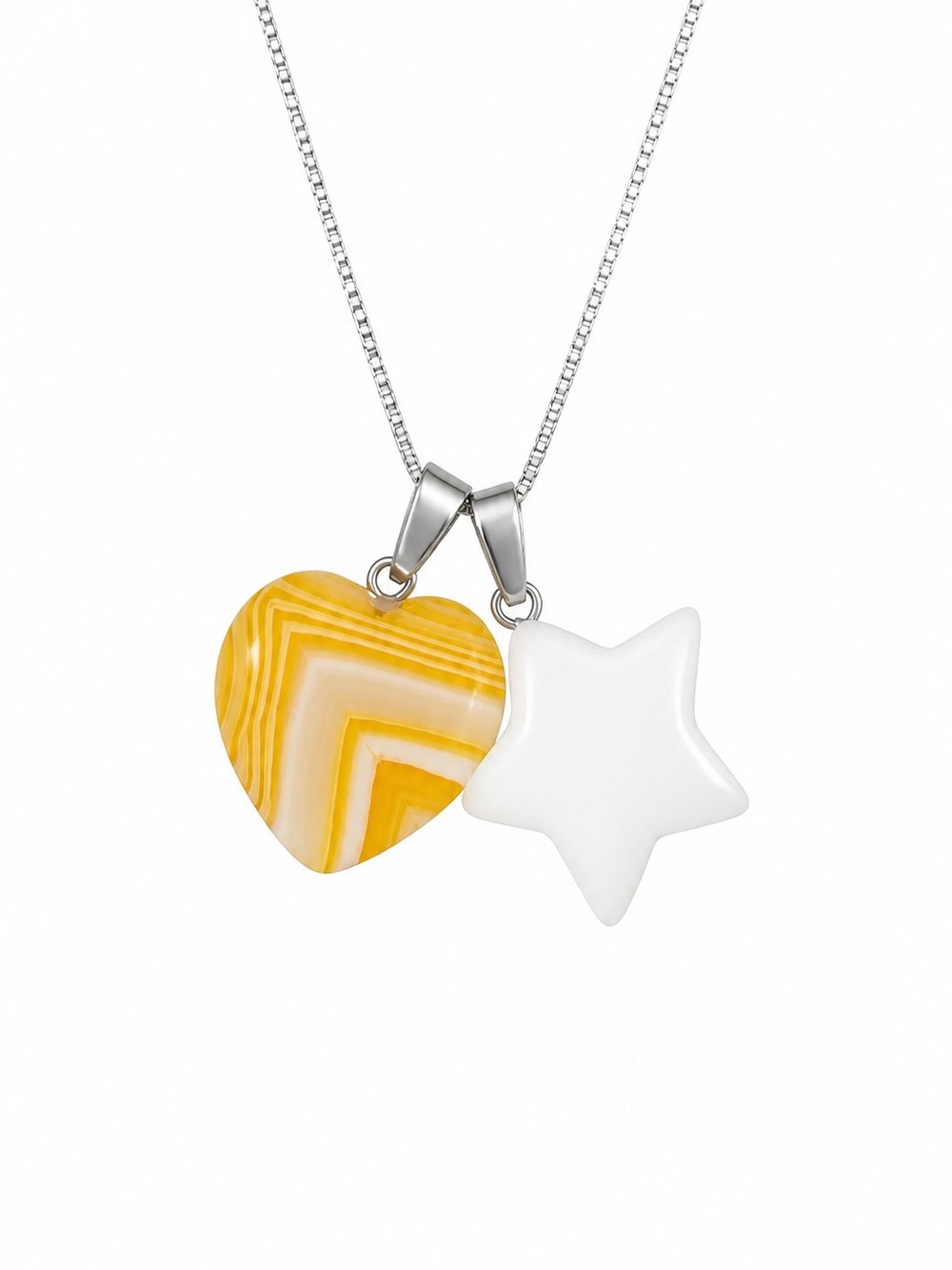 Boho Hippie Milky Quartz Star ⭐️ & Yellow Agate Heart 16” Silver Neckla…